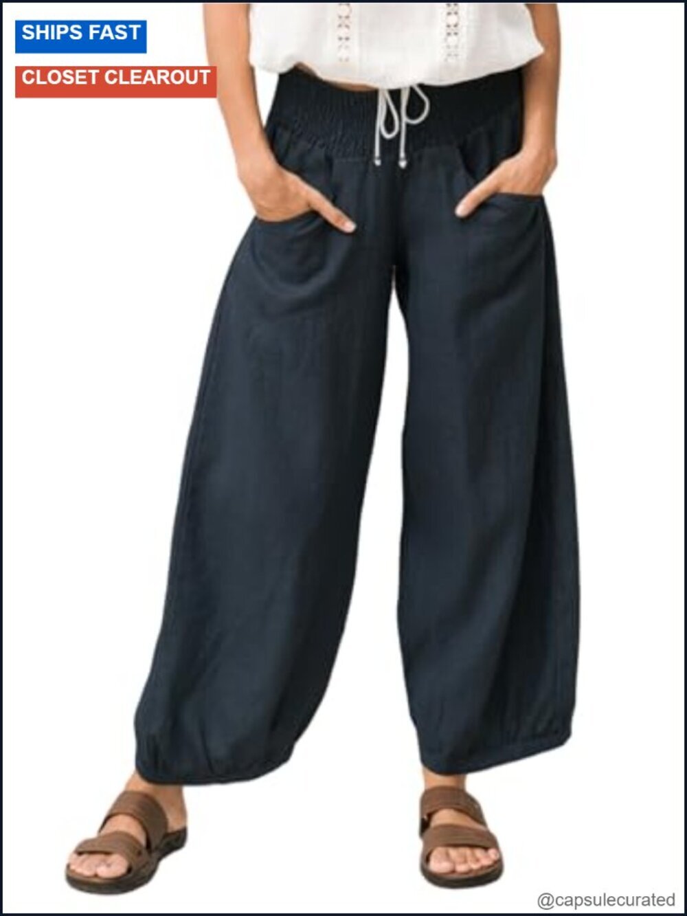 Wide Leg Palazzo Pants Elastic Waist Trousers with Pockets Lyocell Linen Summer